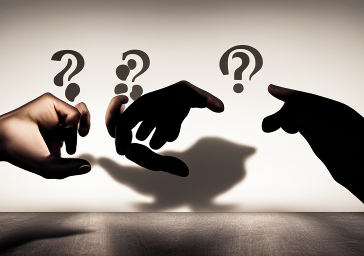 An image featuring two hands reaching towards each other, separated by a transparent wall with shadows of question marks and scales of justice