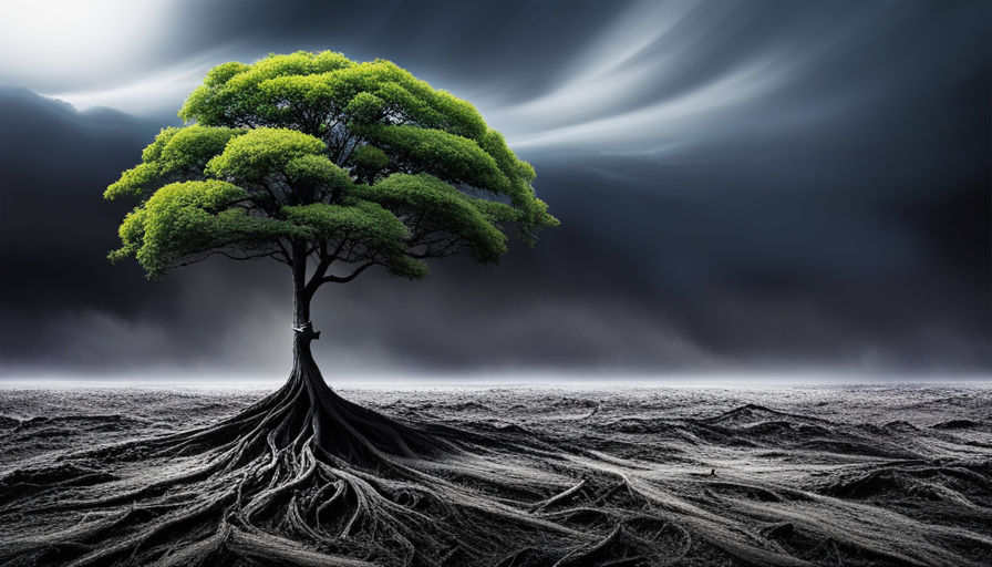 E of a solitary sapling surviving amidst a charred forest, its vibrant green leaves contrasting against the blackened, burnt surroundings, symbolizing resilience in adversity