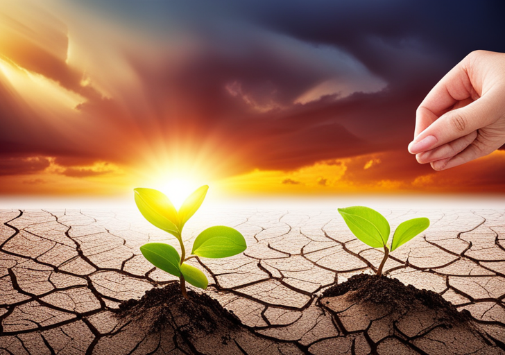 Nt's hand reaching towards a glowing seedling sprouting from a cracked, dry earth, with a vibrant sunrise breaking through a cloudy horizon in the background