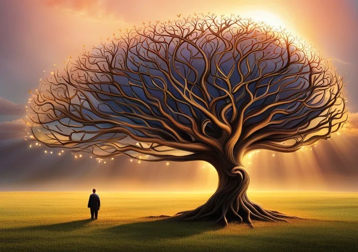 Ze a human brain intertwined with roots, sprouting into a flourishing tree bearing fruits shaped like the symbols of various religions, philosophies, and law scales, all bathed in soft, ethereal light