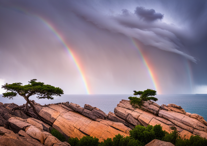 Ge of a lone, robust tree on a rocky cliff, weathering a powerful storm with a rainbow faintly appearing in the distance, symbolizing resilience