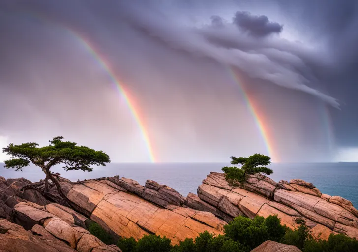 Ge of a lone, robust tree on a rocky cliff, weathering a powerful storm with a rainbow faintly appearing in the distance, symbolizing resilience