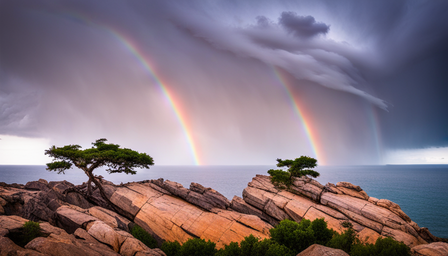 Ge of a lone, robust tree on a rocky cliff, weathering a powerful storm with a rainbow faintly appearing in the distance, symbolizing resilience