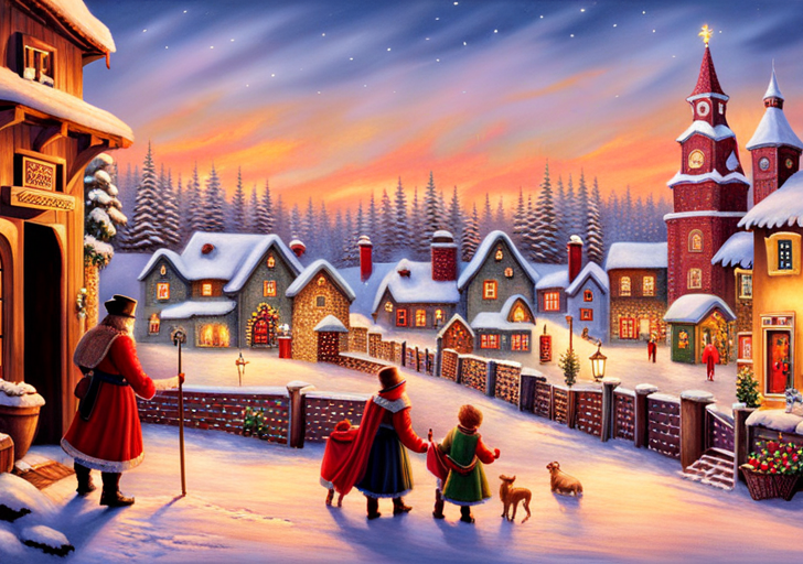  cozy, warm-lit fireplace mantle with various styles of Christmas stockings hanging, an old-timey Saint Nicholas placing gifts into one, and a faint historical European village in the background