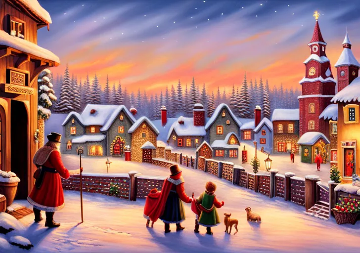  cozy, warm-lit fireplace mantle with various styles of Christmas stockings hanging, an old-timey Saint Nicholas placing gifts into one, and a faint historical European village in the background