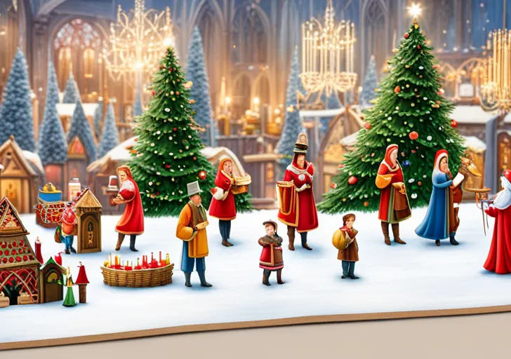 An image featuring a medieval German fair, with families decorating evergreen trees with apples and candles, set against a snow-laden, festive backdrop