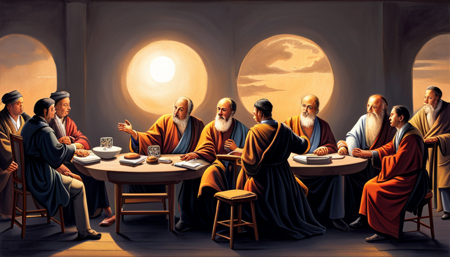 an image with Socrates, Confucius, and Immanuel Kant discussing at a round table, under a bright spotlight, surrounded by shadowy figures representing different cultures and eras