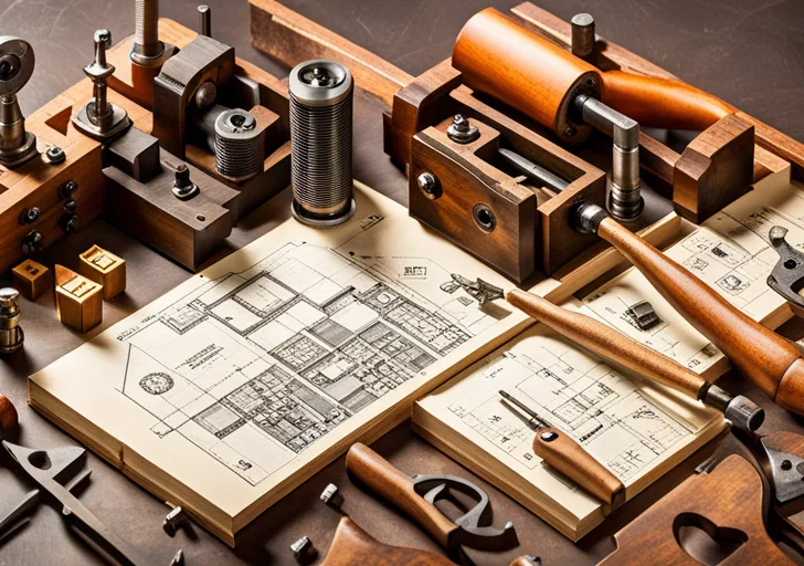 An image featuring a vintage inventor's workshop with blueprints of a rudimentary drone, early 20th-century tools, and a prototype drone resting on the workbench