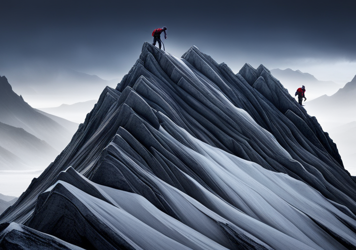 E of a person climbing a steep, rugged mountain amidst harsh weather conditions, symbolizing struggle, determination, and resilience