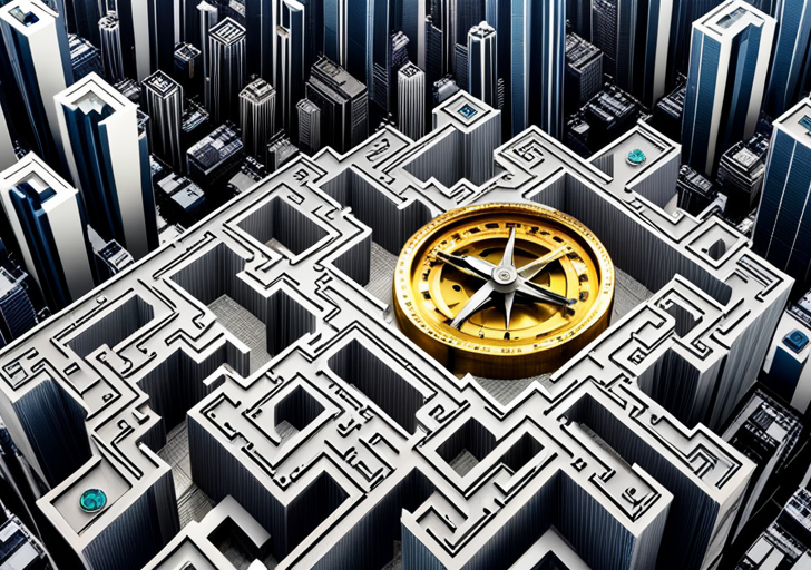 Ex maze with walls made of intertwined dollar bills, a golden ethical compass in the center, surrounded by various international corporate skyscrapers under a questioning cloud