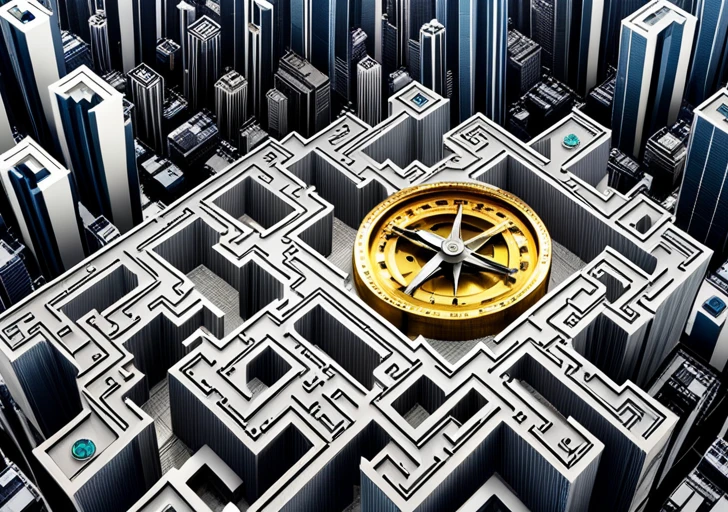 Ex maze with walls made of intertwined dollar bills, a golden ethical compass in the center, surrounded by various international corporate skyscrapers under a questioning cloud
