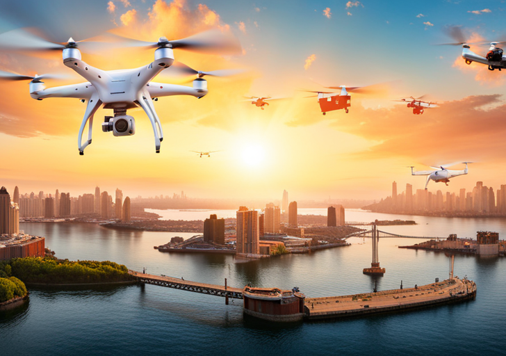 An image showcasing various types of drones in action: delivering packages, monitoring wildlife, aiding search and rescue operations, and farming