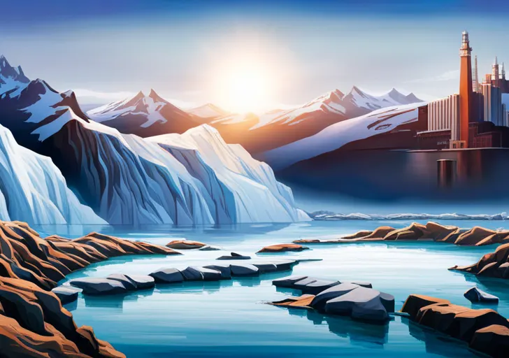 Melting glacier in the foreground with smoke-belching factories in the background, under a sun with extreme heat waves radiating