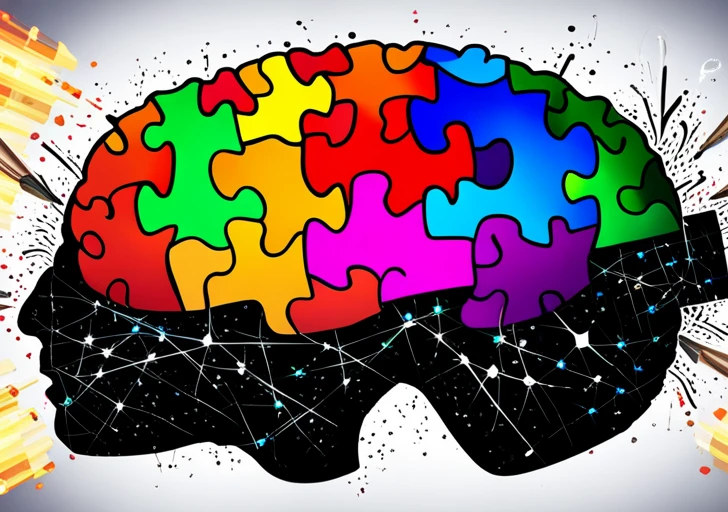 E showing a human brain made of colorful puzzle pieces, with sparks of light shooting out, surrounded by various artistic tools like paintbrushes, musical notes, and a camera