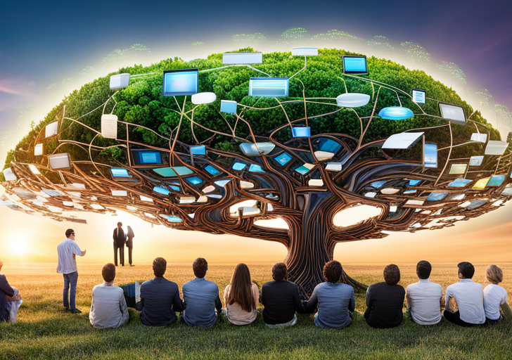 Ge featuring diverse individuals brainstorming around a surreal digital tree sprouting from a silicon chip, with branches representing different programming languages, and fruits as various tech innovations