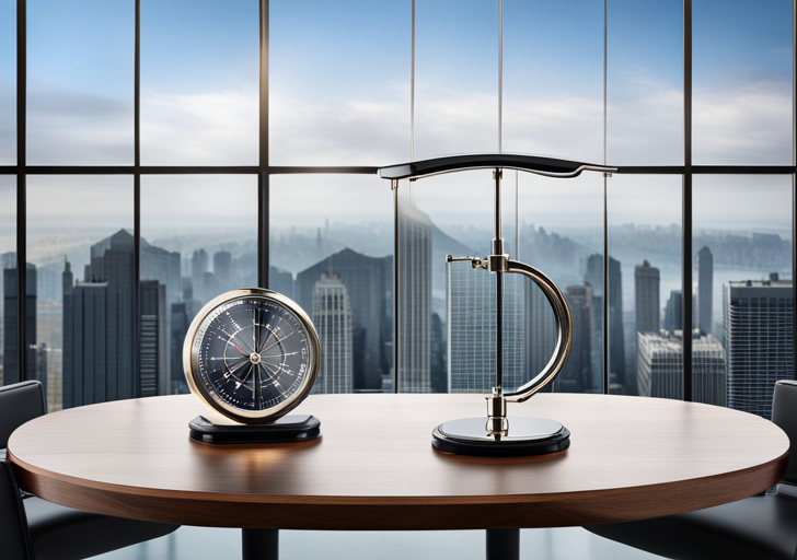 Ced scale with a briefcase on one side and a moral compass on the other, both equal in weight, placed on a round wooden table in a modern, airy office space with panoramic city views