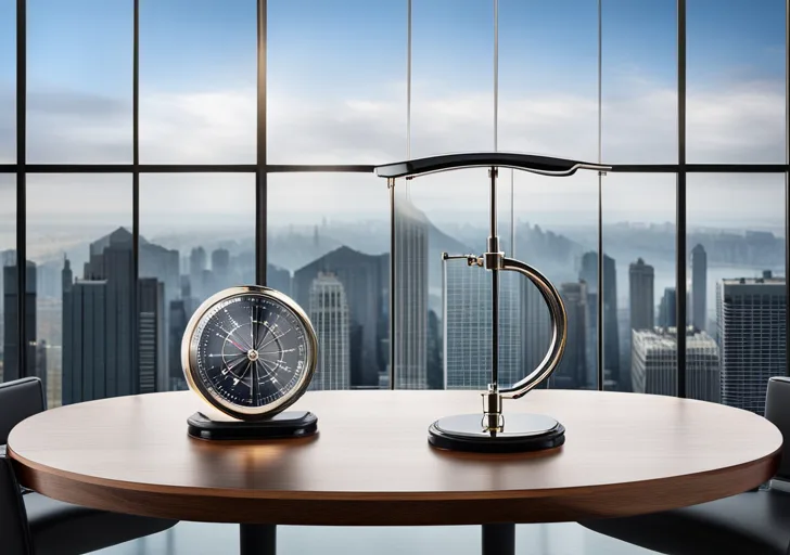 Ced scale with a briefcase on one side and a moral compass on the other, both equal in weight, placed on a round wooden table in a modern, airy office space with panoramic city views