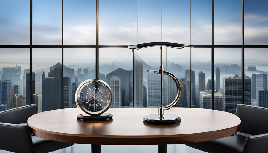 Ced scale with a briefcase on one side and a moral compass on the other, both equal in weight, placed on a round wooden table in a modern, airy office space with panoramic city views