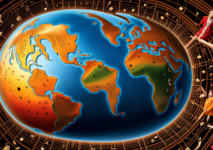An image featuring a globe with diverse human figures harmoniously connected through vibrant musical notes and instruments, highlighting the universal impact and unity brought about by music