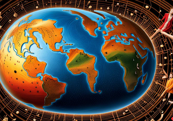 An image featuring a globe with diverse human figures harmoniously connected through vibrant musical notes and instruments, highlighting the universal impact and unity brought about by music