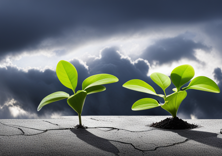 An image of a small plant growing through a crack in a concrete, with a stormy backdrop yet a single ray of sunlight shining on the plant