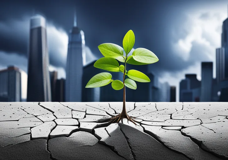 An image of a small sapling growing from a crack in a concrete city sidewalk, enduring a rainstorm, symbolizing resilience amidst adversity