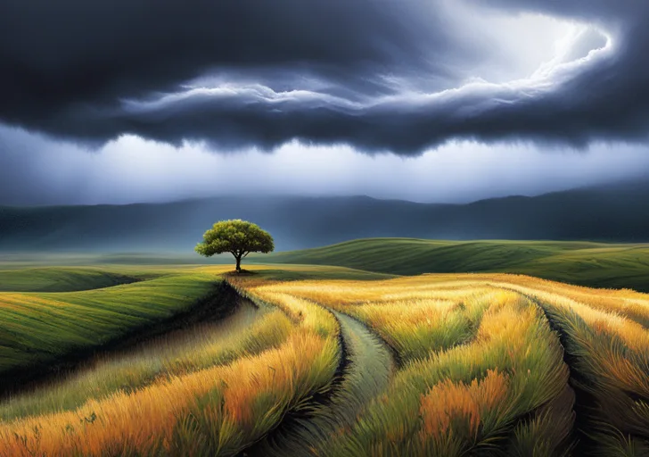 Ate a small sapling weathering a storm, standing strong amidst the harsh winds, rain, and lightning, symbolizing resilience in challenging times