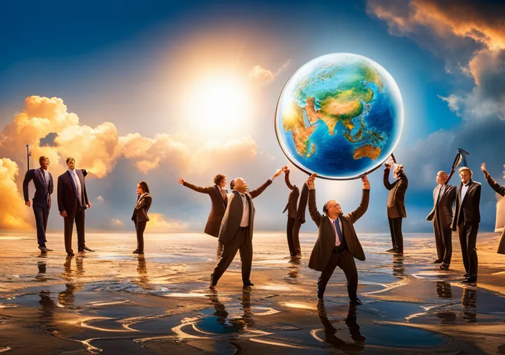  an image of diverse professionals holding up a globe, with a balance scale perfectly balanced on top, symbolizing equality, teamwork, and the importance of work ethics