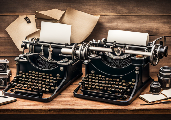 Ge typewriter with a blank page, next to a camera, a notepad with a pencil, and a scattering of black and white photos, all on a rustic wooden desk