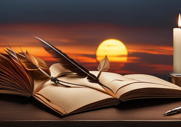 N vintage notebook with a quill, ink pot, beside a softly glowing candle, surrounded by scattered crumbled papers on a wooden desk, with a serene sunset view from the window