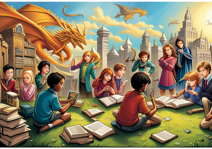 Ate a lively classroom with diverse 7th graders, each engrossed in their own thought bubbles filled with various creative elements like dragons, spaceships, historical figures, and magical books