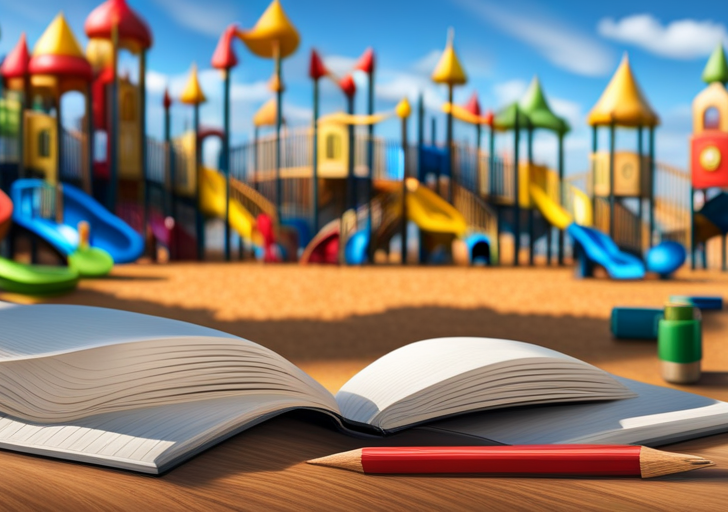 N notebook with a perfectly sharpened pencil, surrounded by colorful playground equipment and a school building in the background, all bathed in soft, afternoon light