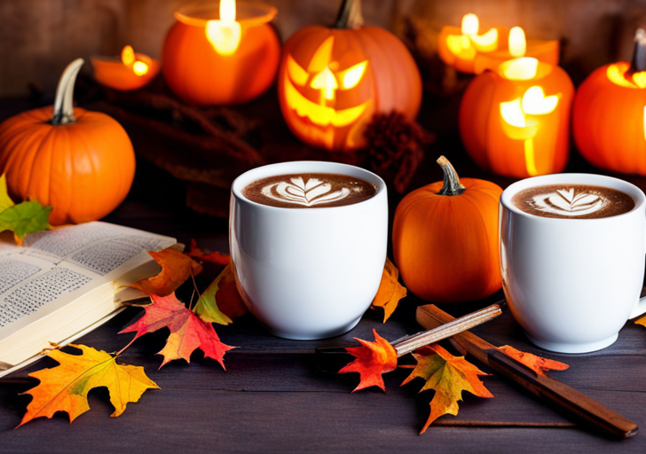Ze a rustic desk adorned with an open vintage journal, quill pen, autumn leaves, a carved pumpkin, and a steaming mug of pumpkin-spiced latte, all bathed in soft, warm October sunlight