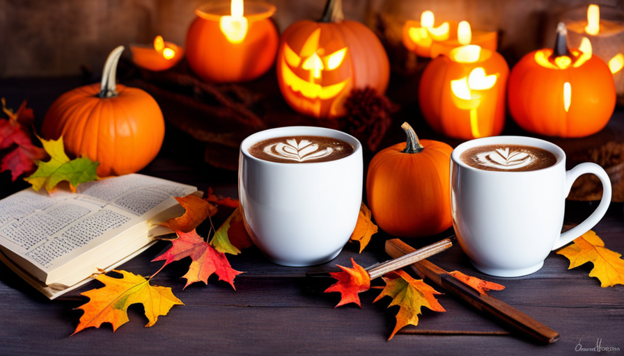 Ze a rustic desk adorned with an open vintage journal, quill pen, autumn leaves, a carved pumpkin, and a steaming mug of pumpkin-spiced latte, all bathed in soft, warm October sunlight