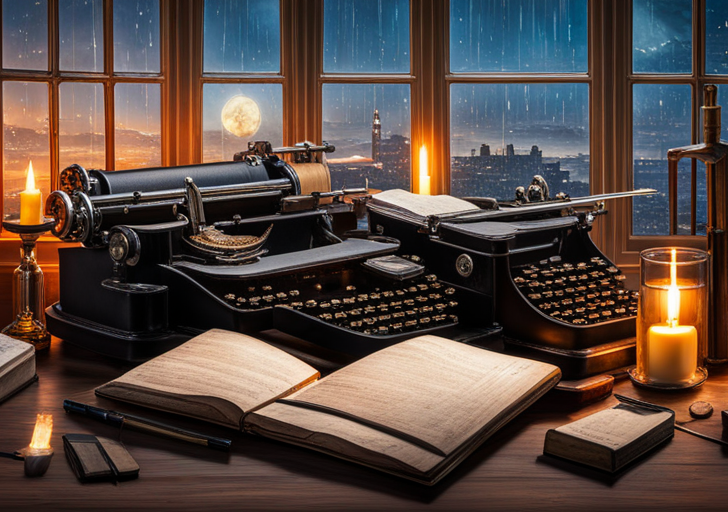 Ge typewriter on a wooden desk, a stack of old journals beside it, a lit candle, and a quill with spilled ink, all inside a cozy room with a rain-splattered window