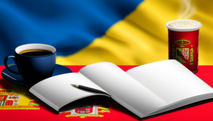 , vintage-style notebook with a quill pen, next to a steaming cup of coffee, all set against a vibrant background of Spain's flag colors without any textual elements