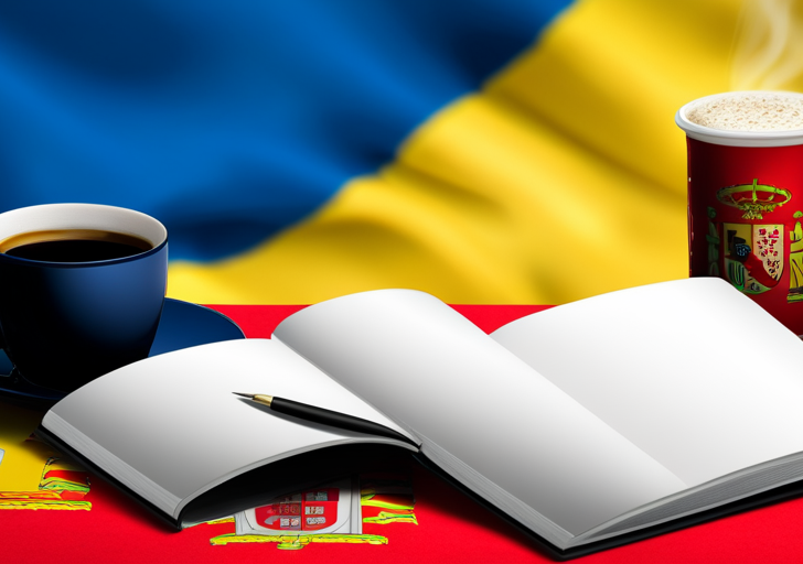 , vintage-style notebook with a quill pen, next to a steaming cup of coffee, all set against a vibrant background of Spain's flag colors without any textual elements