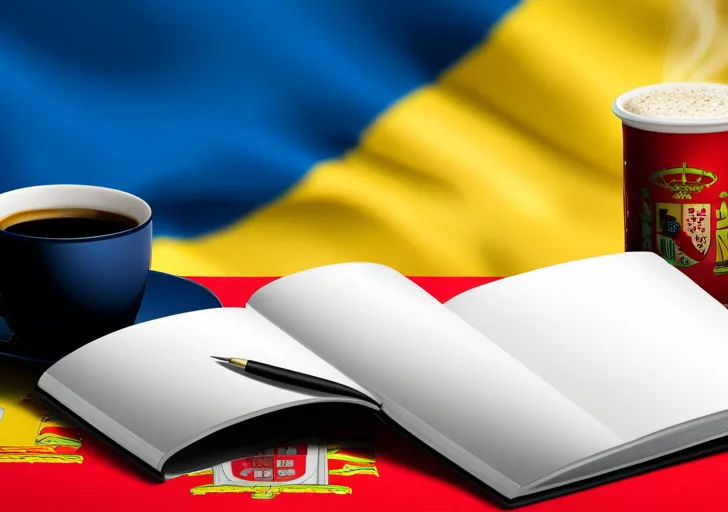, vintage-style notebook with a quill pen, next to a steaming cup of coffee, all set against a vibrant background of Spain's flag colors without any textual elements