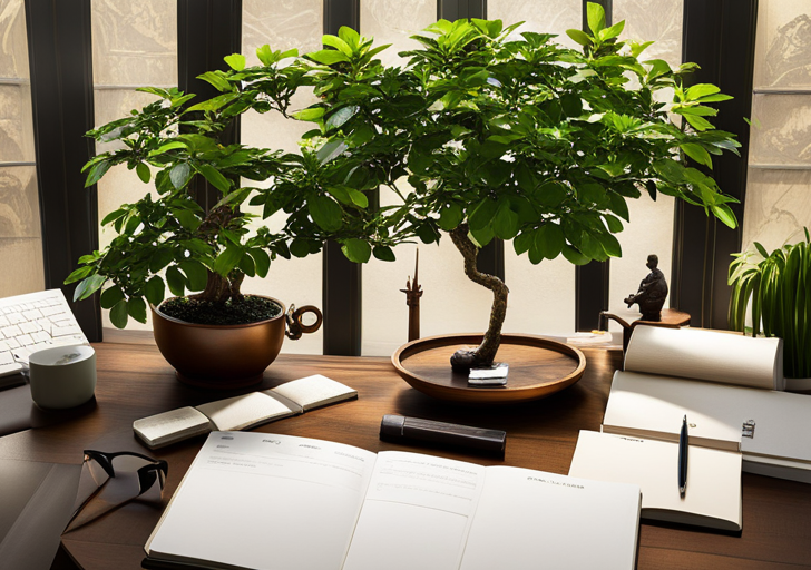 Ze a serene, light-filled room with a desk holding a notebook and pen, surrounded by calming elements like a bonsai tree, a glowing candle, and a softly steaming cup of herbal tea