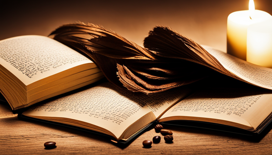 vintage notebook with a quill pen poised above, surrounded by a scattering of coffee beans and a lit candle, all on a rustic wooden table