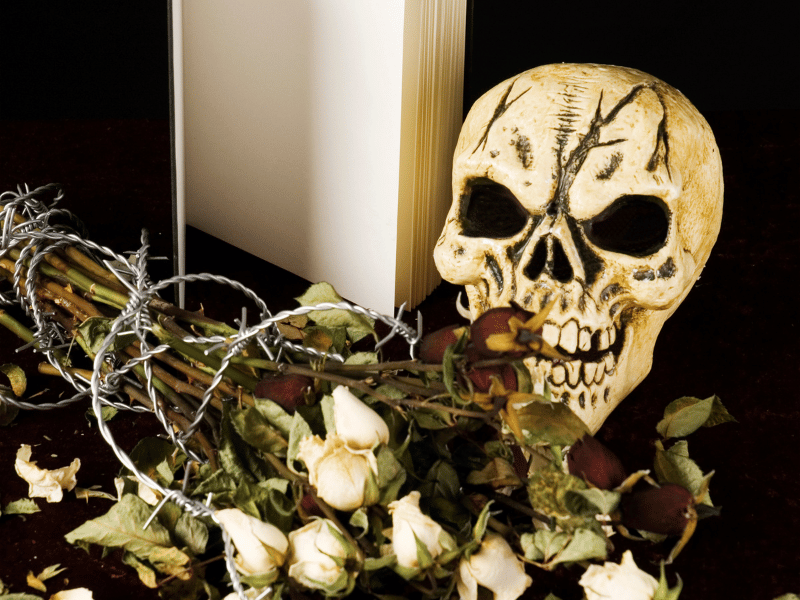 A horrifying scene with a skull, roses, and a book on a table sparks macabre possibilities for horror story ideas.