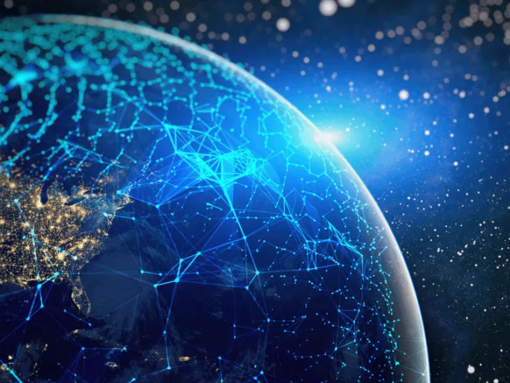 An earth image symbolizing globalization, with network lines in the background.