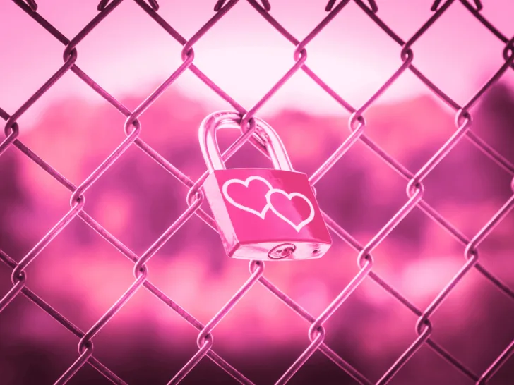 A padlock on a chain link fence with a pink background symbolizes feminine aesthetics.