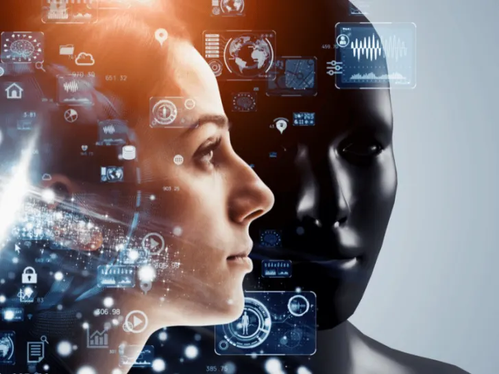 A woman's head with a computer interface showcasing AI applications.