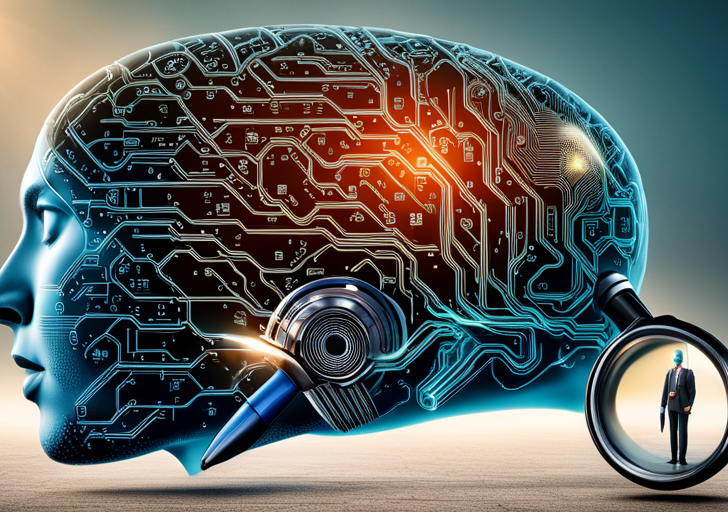 An image featuring a robotic brain with intricate circuits, a magnifying glass highlighting binary code, surrounded by floating 3D models of neural networks and data streams