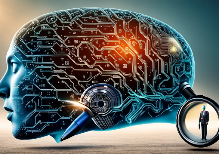 An image featuring a robotic brain with intricate circuits, a magnifying glass highlighting binary code, surrounded by floating 3D models of neural networks and data streams
