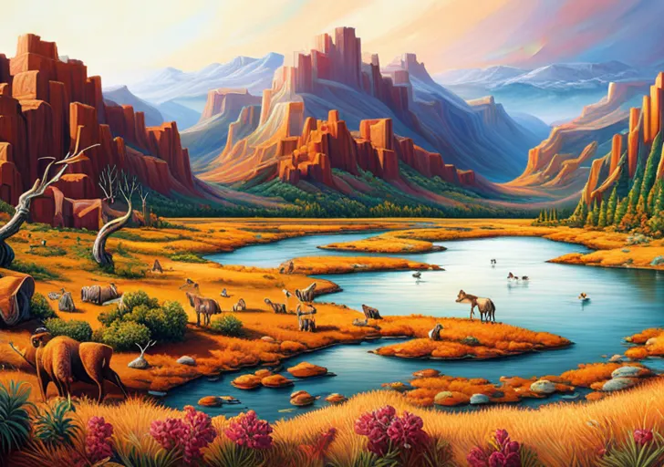 split image: one side a vibrant, healthy earth with diverse wildlife, the other side a parched, barren landscape with extinct animal spirits