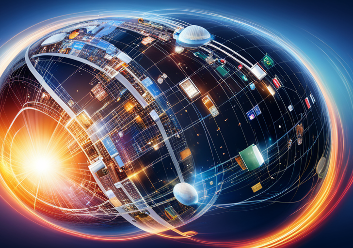An image showing a globe wrapped with various technology icons like AI, VR, satellites, and social media logos, with a transforming, digital wave flowing from it