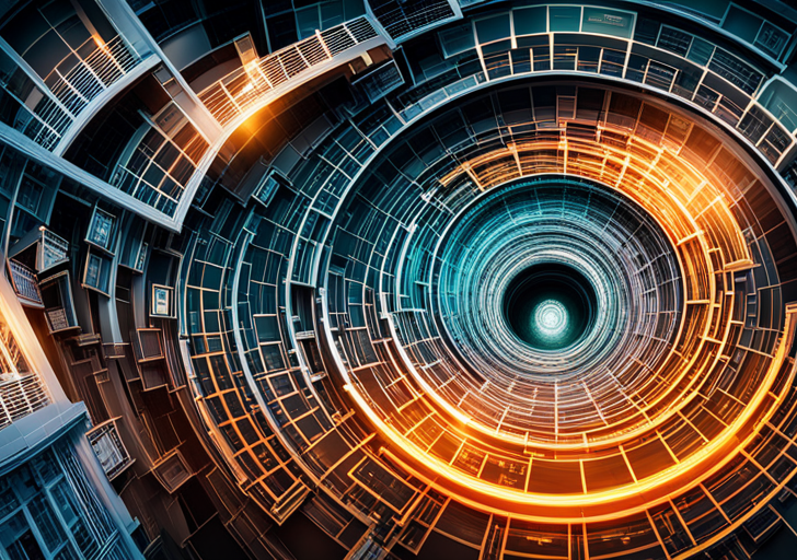 E showing a timeline of inventions, starting with a stone wheel evolving into a computer chip, all interconnected with glowing lines signifying the digital revolution