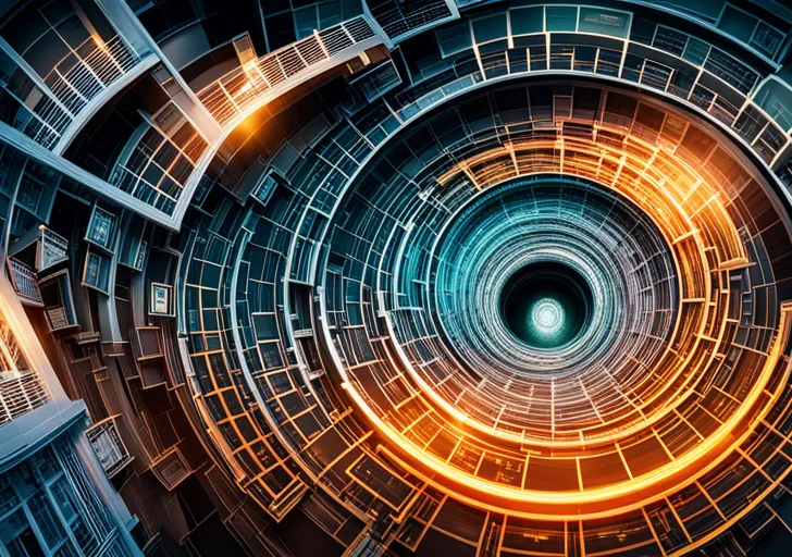 E showing a timeline of inventions, starting with a stone wheel evolving into a computer chip, all interconnected with glowing lines signifying the digital revolution